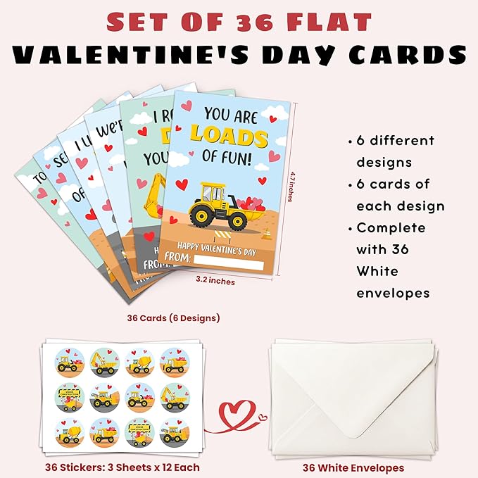 Pawzity 36 Packs Valentines Day Cards for Kids - Construction Valentines Day Gifts for Kids Classroom School Party Favors Boys Toddlers - 3.2''x 4.7'' Construction Excavator Card & Envelopes, Stickers