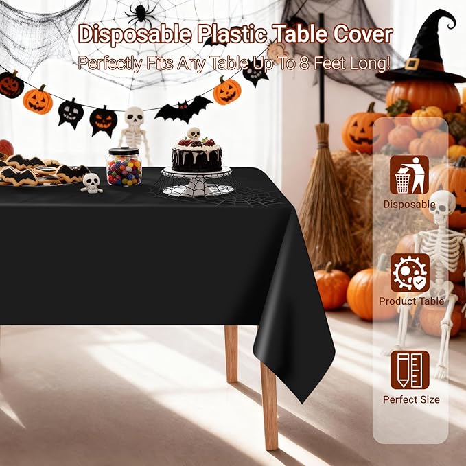 MRJ 4 Pack Black Tablecloth Rectangle Plastic Table Cloth 54 x 108 Inch Waterproof for Outdoor Picnic Holiday Party Disposable Use