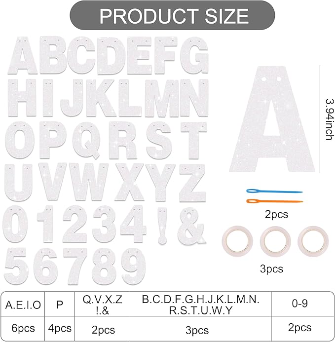 BEISHIDA 116 PCS A-Z DIY Letter Banner Kit Make Your Own Banner Glitter White Including 111 Letters and Numbers 3 Rope and 2 Threading Device,Customized for Birthday Graduation Wedding Party Decor