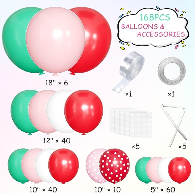 Strawberry Balloons Garland Arch Kit, 156Pcs Berry Sweet Tender Pink Red Dark Green White Balloons for Fruit Themed Birthday Party Baby Shower Decorations