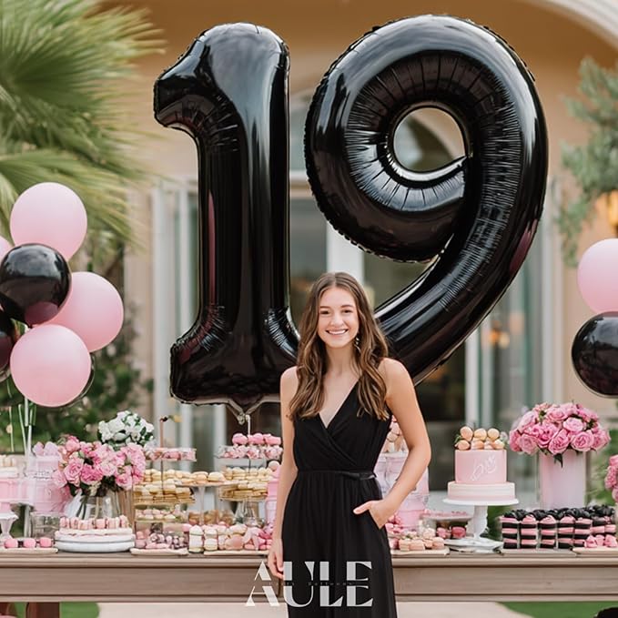 AULE 40 Inch Large 19 Number Balloons Black, Big Foil Number Balloons, Giant Helium Happy 19th Birthday Party Decorations for Boy and Girl, Huge Mylar Anniversary Party Supplies