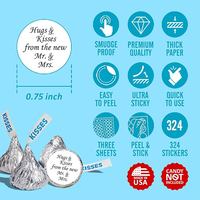 324 Hugs and Kisses from the new Mr. & Mrs. Kiss Wedding Stickers, Chocolate Drops Labels Stickers for Weddings, Bridal Shower Engagement Party Decorations, Kisses Favors Decor. Made in USA