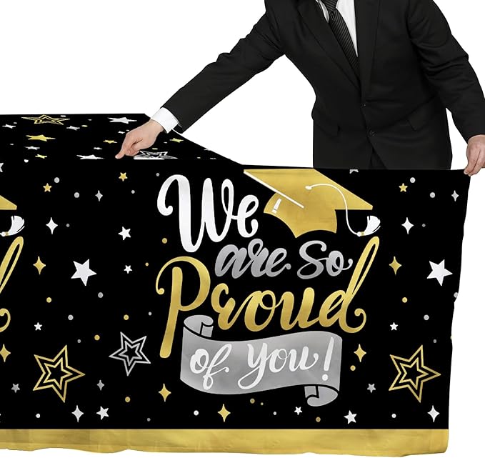 Gatherfun Graduation Decorations 2026-2 Pcs Black and Gold Gongrats Grad Tablecover for Graduation Party Decorations，Grad Plastic Table Covers 54"x108"