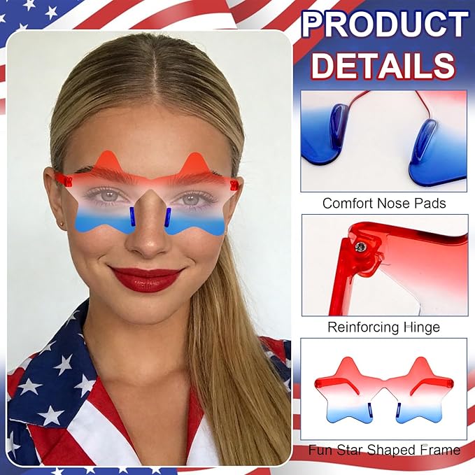 12 Pairs Star Sunglasses Bulk 4th of July Star Glasses Rimless Patriotic Fourth of July Star Shaped Party Sunglasses
