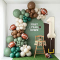 First Year Down Football Balloon Arch Kit – 1st Birthday Football Decorations with Number 1 Balloon, Football Foil Balloons & Green Brown Balloon Garland for Baby Boy Birthday Party (139PCS)