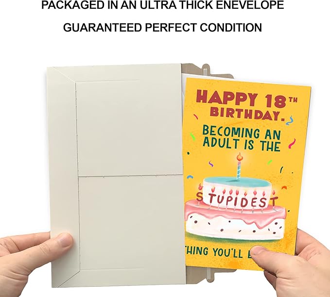 Prime Greetings Funny 18th Birthday Card, Made in America, Eco-Friendly, Thick Card Stock with Premium Envelope 5in x 7.75in, Packaged in Protective Mailer