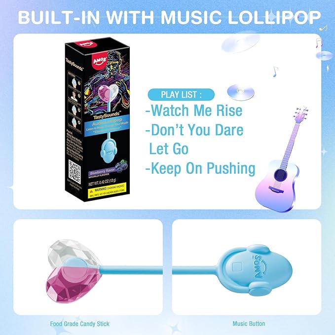 Amos Music Lollipop Candy, Audio Singing Lollipop, Individually Wrapped Natural Blueberry Flavor (1 Pack)
