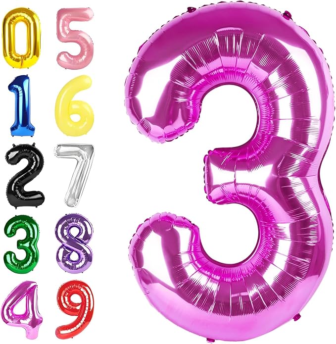 3 Birthday Balloons, 40 Inch 3 Balloon for Birthday Party Decoration, Rose Purple Number 3 Ballon for 3, 13, 23, 30 Celebration, Boy and Girl Birthdays, Wedding, Anniversary Decor