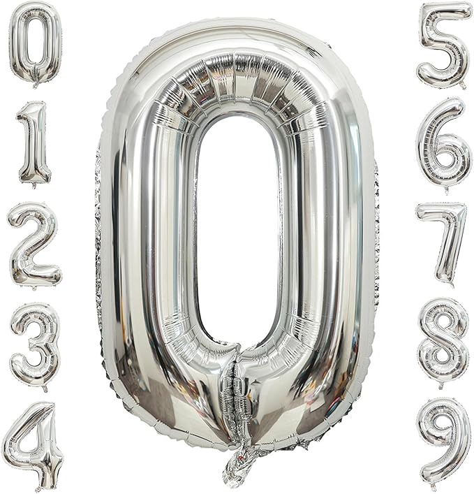 Silver Number 0 Balloon, 40 Inch Large Number Foil Mylar Balloons for Girl Boy Birthday Party Celebration Decorations Supplies, Digital Balloons for Wedding Anniversary Events Decor