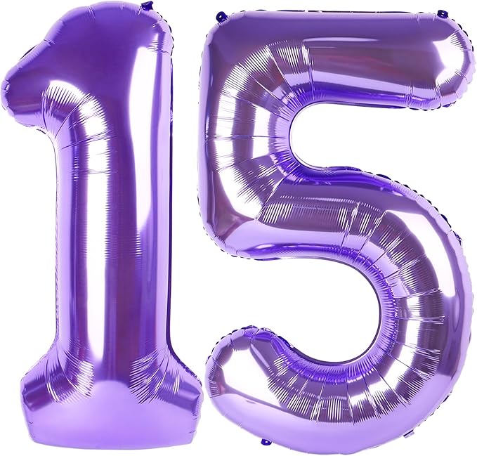 40 Inch Number Balloons, Purple Balloons 15th Birthday Decoration For Woman Man, Foil Number 15 Ballon for 15, 51 Anniversary, Bridal Shower, Graduation, Wedding, New Year, Valentine's Day