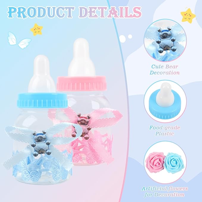 MACTING 2 Dozens Feeding Bottle Candy Box with 6pcs Artificial Flower Rose, 3.5 Inch Boys Girls Favor Baby Bottles for Baby Shower Favor Gift Decoration, Blue Pink