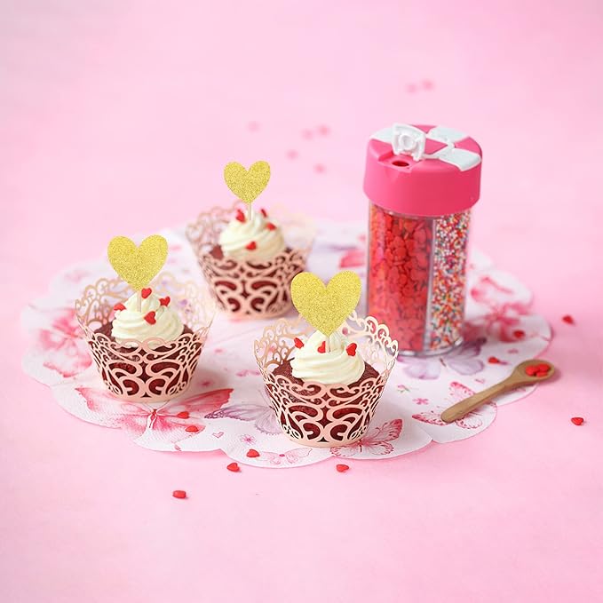 30 PCS Heart Cupcake Toppers Glitter Sweet Love Theme Cupcake Picks Wedding Engagement Bridal Shower Birthday Valentine's Day Party Cake Decorations Supplies Mixed Size Gold