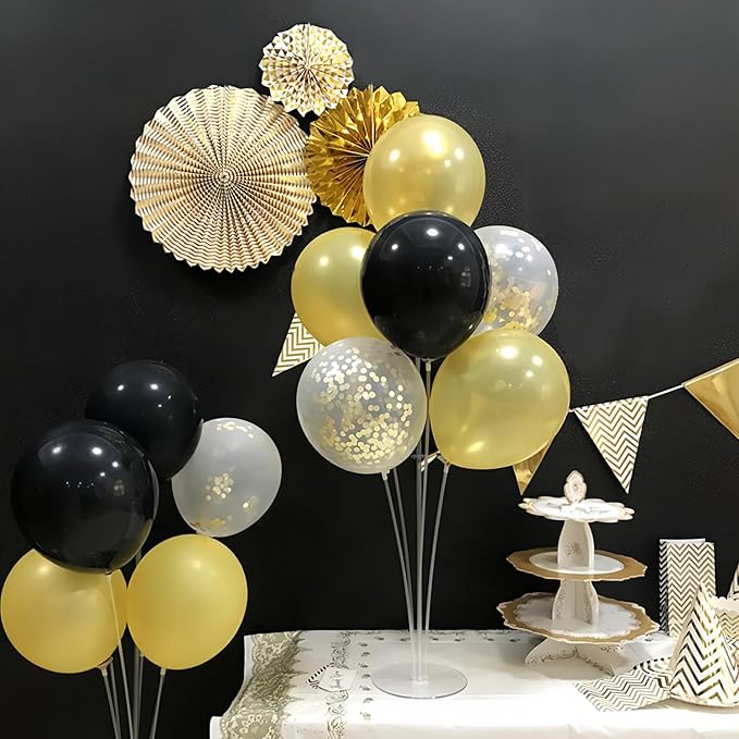 4 Sets Balloon Stand Kit, Balloon Sticks Holder with Black and Gold Balloons Table Centerpiece Party Decorations for 2026 New Years Eve Graduation Father's Day Anniversary(Black and Gold)