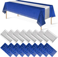 16Pack Disposable Plastic Tablecloths and Satin Table Runner Set Blue and Silver Dot Tablecloth Silver Satin Table Runner for Wedding Birthday Baby Shower Anniversary Christmas New Year Party Supplies