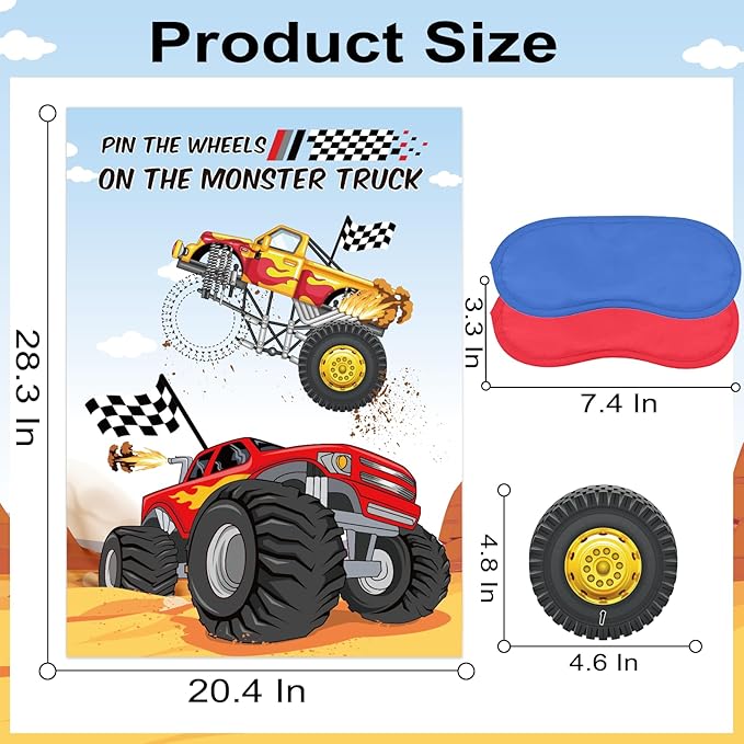 WNINK Pin The Wheels On The Monster Truck Games, Pin The Tail Game Truck Birthday Game with 32 Tyres Stickers, 2 Blindfolds for Car Theme Birthday Party Gifts
