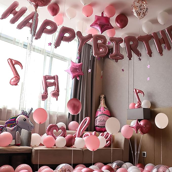 KALOR Pink Happy Birthday Balloons Banner, 16 Inch Mylar Foil Letters Balloon Sign for Birthday Party Decorations Photo Booth Backdrop