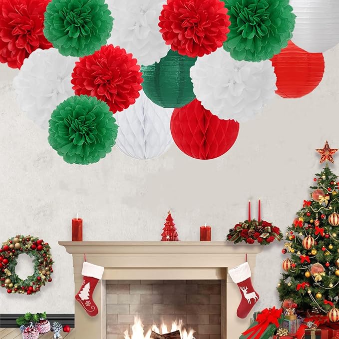 Red Green White Paper Flowers Tissue Pom Poms Honeycomb Lanterns 15pcs Christmas Party Decorations Mexican Italian Birthday Wedding Baby Shower Bachelorette Hanging Supplies Mprocherify