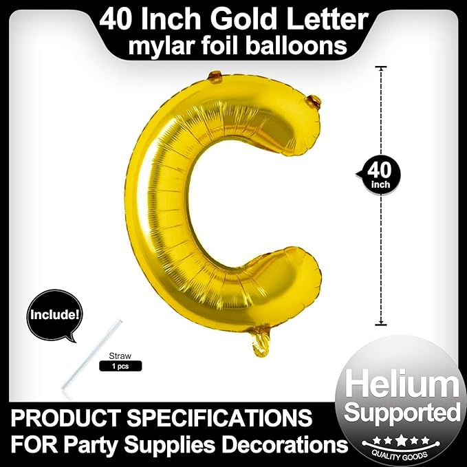40 Inch Gold Letter C Balloons, DIY Phrase Foil Alphabet Letter C Balloons DIY Word C Banner for Birthday Anniversary Celebration Graduation Party Supplies Decoration