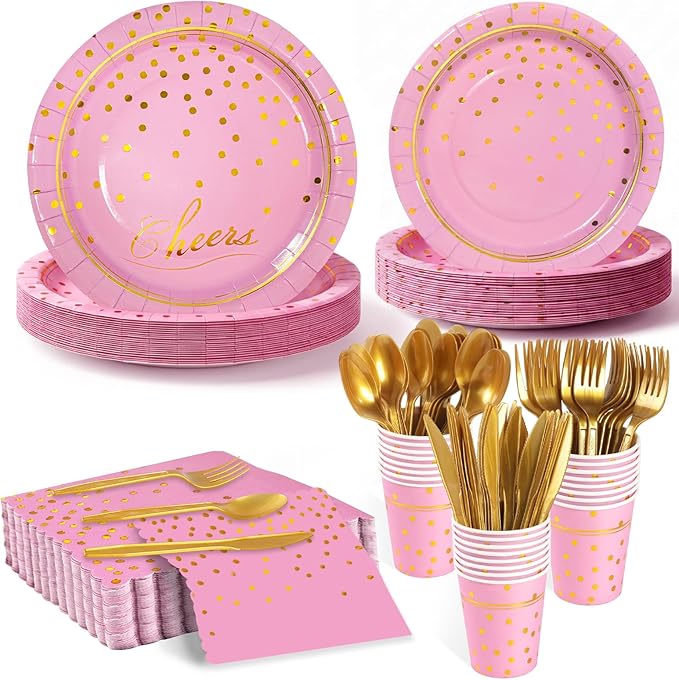 OuMuaMua Disposable Pink Paper Plates Party Supplies for 24 Guests, 168 Pcs Party Plates, Cups and Napkins with Utensils Set for Girls Birthday Baby Shower Princess Party Decor