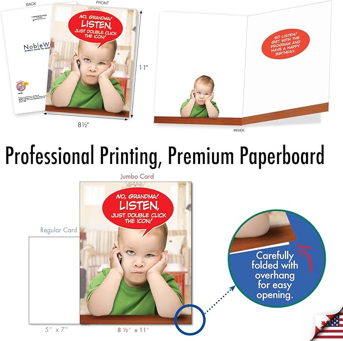 NobleWorks - 1 Jumbo Funny Card for Birthdays (8.5 x 11 Inch) - Cartoon Joke, Humor Bday Card with Envelope - No Grandma Just Double Click J9968