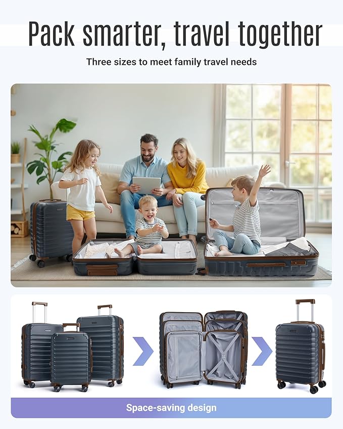 LIGHT FLIGHT Luggage Sets, 3 Piece Durable Suitcase Set with Spinner Wheels, 3 Pcs Hard Shell Lightweight Luggage with TSA Lock, Large Checked Travel Suitcases, 20/24/28 Inch,Blue/Brown