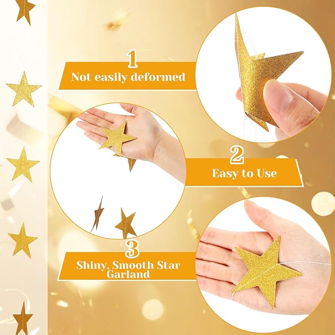 Spakon 65 Feet Glitter Star Paper Garland Banner Hanging Decoration Star Streamers Double Side 2026 Graduation Decorations for Wedding Birthday Festival New Year Party Decoration(Glitter Gold)