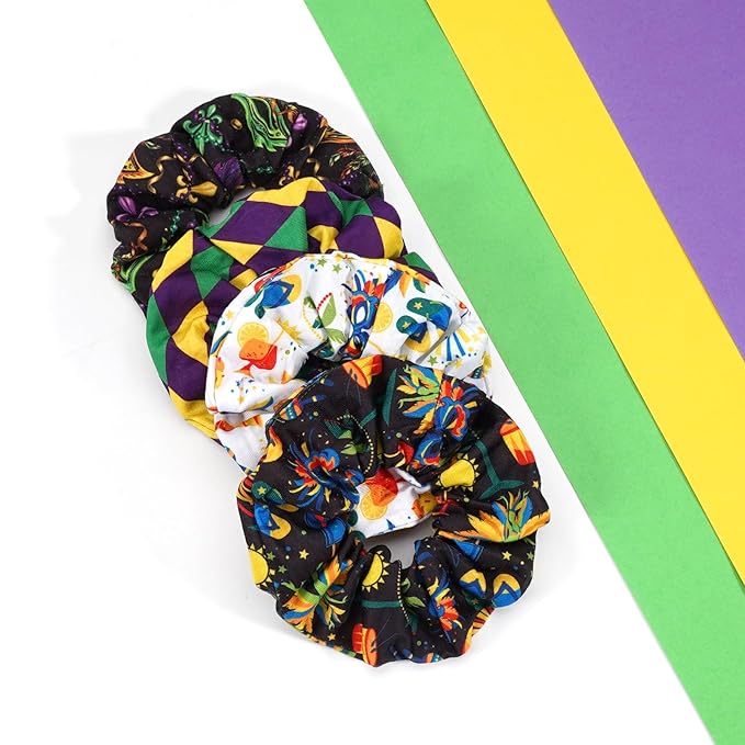 Mardi Gras Hair Ties for Women Girls Purple Fleur De Lis Mask Hair Scrunchies Elastics Hair Bands Scrunchy Ropes Carnival Celebrations Party Hair Accessories 4PCS