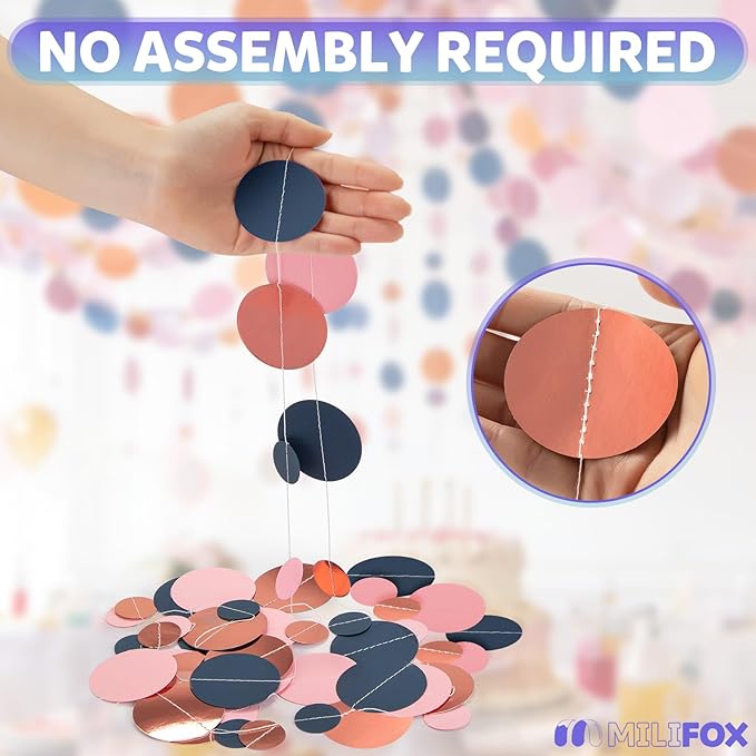 52FT Party Garlands, Paper Garland Circle Dots, Hanging Circle Banner Decorations for Birthday, Party, Wedding, Baby Shower, Graduations, Christmas, Wall Decor (Blue Pink Rose Gold Garlands)