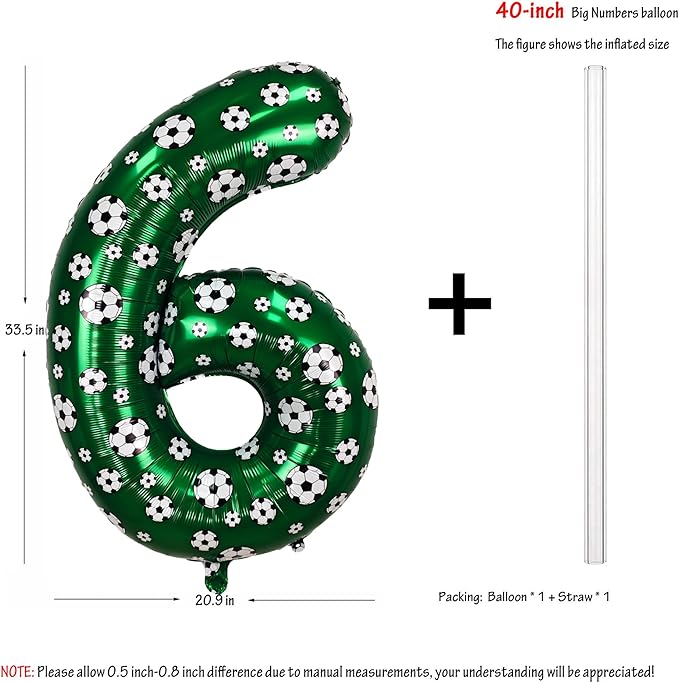 40 Inch Soccer Number 6 Balloons Large Foil Balloon Number 6 Birthday Deco World Cup Sports Soccer Theme Decoration For Soccer Party And Boy'S 6 th Birthday