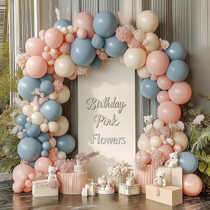 Gender Reveal Balloons Arch Kit, Double Stuffed Dusty Pink and Blue Blush Pink Beige Sand White Balloon Garland Kit for Boy or Girl Boho Neutral Bear Birthday Party Decoration...