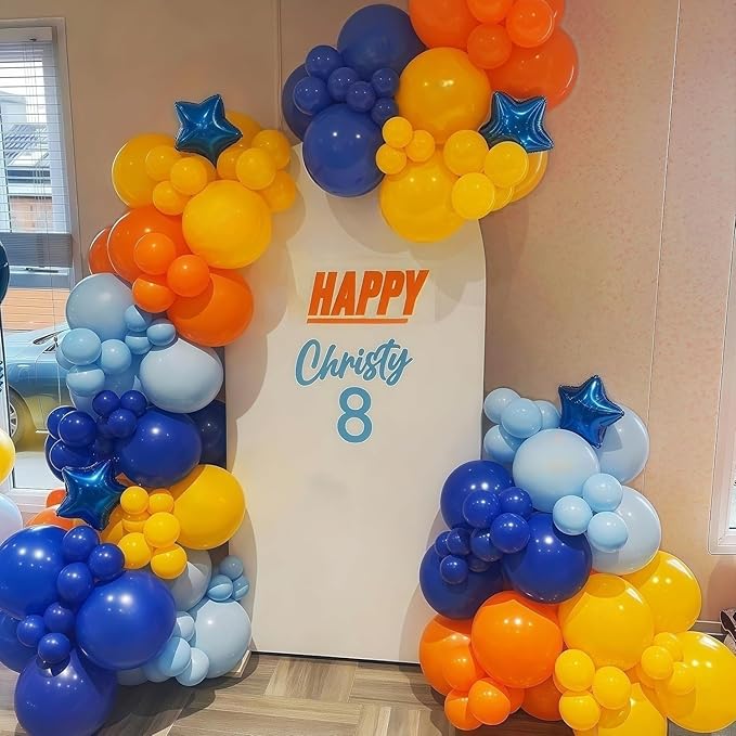 Navy Blue and Orange Garland Arch Kit, Orange and Yellow Balloons Light Baby Royal Blue with Foil Star Balloon for Kids Boys Baby Shower Birthday Graduation Gun Theme Party Decorations Supplies
