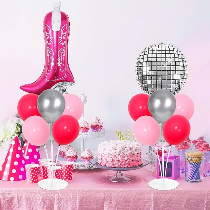 Pink Cowgirl Party Balloons Stand Kit 2 Sets With 2 Boot 4D Disco Ball Foil Balloons Silver Hot Pink Balloon Centerpiece for Tables for Last Rodeo Bachelorette Party Cowboy Western Themed Decorations