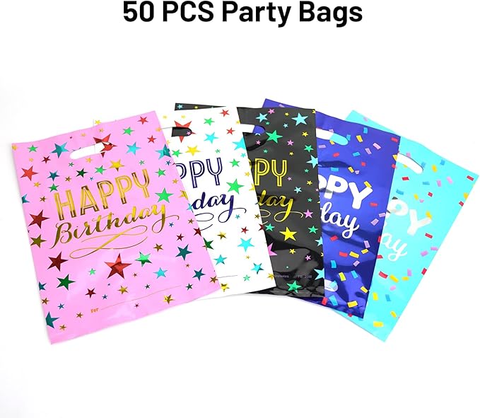 HAPMARS 50pcs Happy Birthday Party Favors for Kids Goodie Bags, Small Return Gift Plastic Treat Candy Bags with Handles for Kids Baby Girls & Boys Birthday
