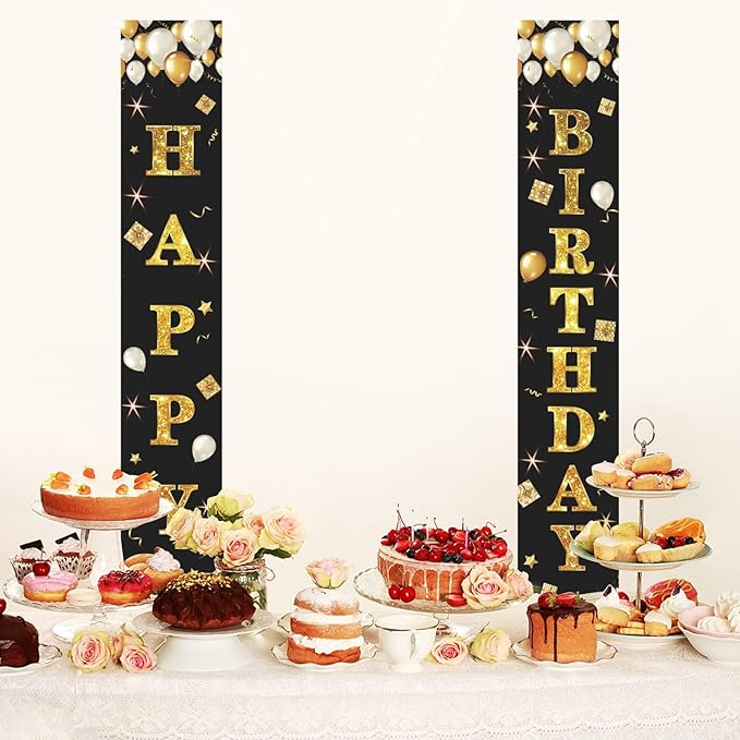Black Gold Happy Birthday Banner Decorations, Happy Birthday Door Banner Porch Sign Wall Hanging For Outdoor Indoor For Men Women Boys And Girls Birthday Party Decor Supplies