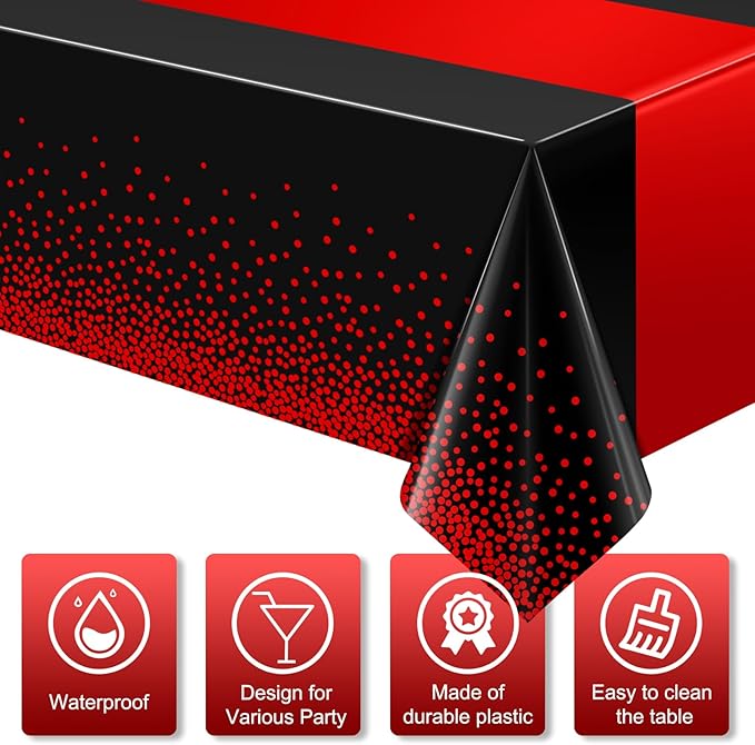 MASHAN 1Pcs Black and Red Tablecloth Party Decorations,Plastic Black Table Cloth Printed Red Table Runner Disposable Rectangle Cover for Birthday Weeding Anniversary Graduation Party,54 x108 Inch
