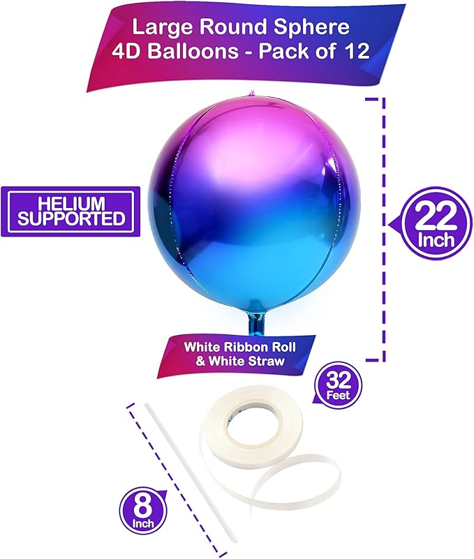 KatchOn, Purple Galaxy Balloons - 22 Inch, Pack of 12 | Round 4D Metallic Balloon for Galaxy Birthday Party Decorations | Iridescent Balloon | Purple and Blue Balloons for Mermaid Party Decorations