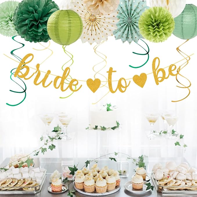 Sage Green Champagne-Gold Bachelorette Party-Decorations - 21pcs Baby Bridal Shower Banner Garland, Bride To Be Paper Streamers Lanterns,flower Tissue Pom Poms Fan,Wedding Backdrop Decor Huglony