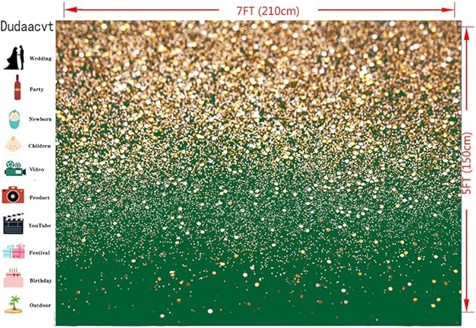 Gold Glitter Green Backdrop 7x5ft – Sparkling Green and Gold Photography Background for Birthday Party, Christmas, Anniversary, Wedding Holiday Decorations Photo Booth Props