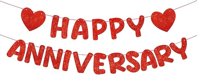 Fulmoon Happy Anniversary Banner Glitter Happy Anniversary Decorations Wedding Party Banner Romantic Decorations No DIY Pre-strung for Wedding Party Birthday Door(Red)