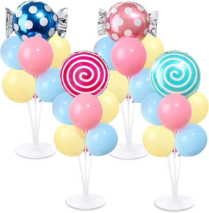 4 Sets Pastel Sweet Candy Theme Party Balloons Stand Kit with Lollipop Candies Foil Balloons Party Balloon Centerpiece for Tables for Candyland Birthday Party Candies Themed Decoration