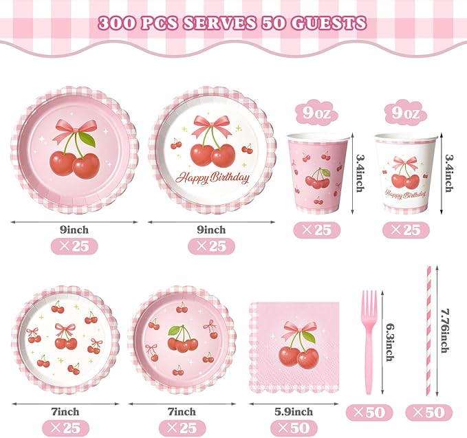 Pink Bow Cherry Birthday Party Supplies - 300 Pcs Disposable Dinnerware Set Serves 50 - Includes Paper Plates, Napkins, Cups, Straws, Forks - Coquette Aesthetic Party Decorations for Girls Women