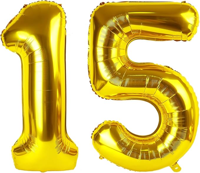 15 Gold Number Balloons, 40 Inch Balloons for Woman Man 15th Birthday Party Decoration, Foil Number Ballon for 15, 51 Anniversary, Bridal Shower, Graduation, Valentine's Day, Mother's Day, Easter