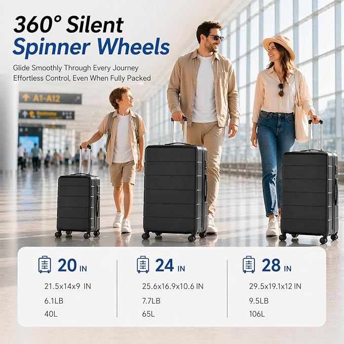 YOETEY Luggage Sets 3 Piece, Expandable Hardshell Suitcase with TSA Lock & Silent Spinner Wheels, Lightweight Hardside Travel Suitcase Set for International Trips (20/24/28 in, Black)