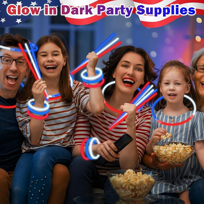 Patriotic Accessories Toys Gifts for Kids ＆ Adults 90 PCS, Red White Blue Glow Sticks Light up Neon Bracelets Necklaces for Parade Throws, Party Favors Supplies Decorations for Labor Veterans Day