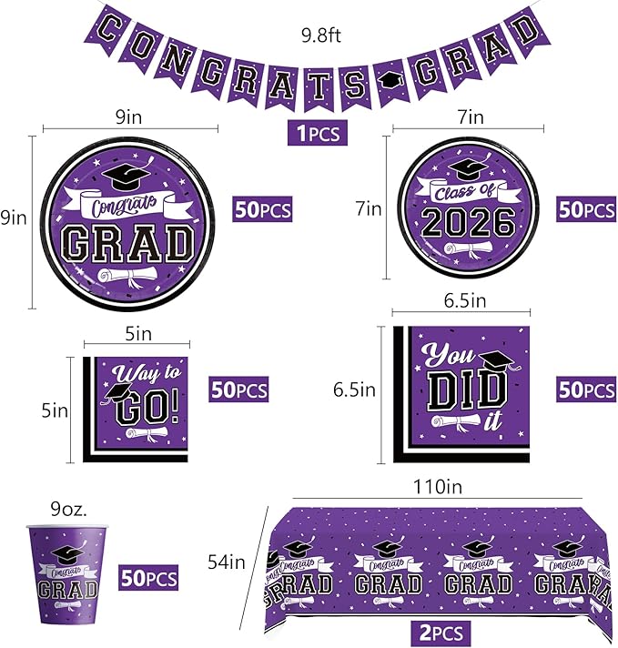 DAZONGE Graduation Decorations Class of 2026 Purple, 265pcs Disposable 2026 Graduation Party Decorations Tableware Set, Grad Party Supplies for 50 Guests, Congrats Grad Banner and Hanging Swirls