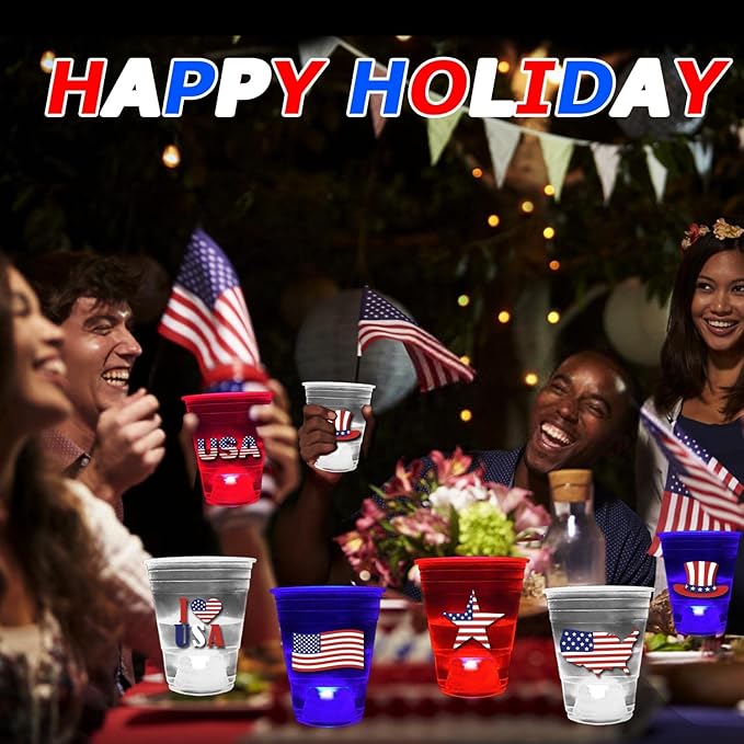 mishunyus 60 Pcs Glow Patriotic Party Decorations, 4th of July Party Cups Pack, USA Citizenship Party Supplies for Memorial Day, Independence Day, Veterans Day(16 oz)