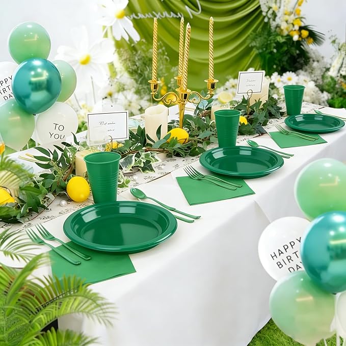 Disposable Green Plastic Plates for Party, 9'' Green Party Plates and Cups and Napkins Set for 50 Guests, Party Supplies Dinnerware for Birthday,Wedding, Christmas, BBQ