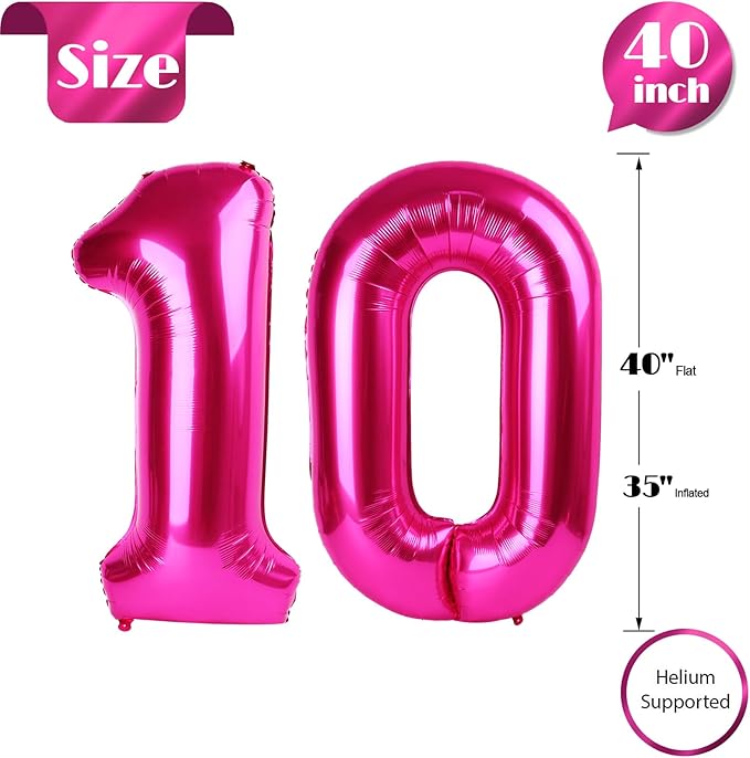 10 Balloon Number, Hot Pink Number 10th Birthday Balloons 40 Inch, 10 Years Old Hot Pink Birthday Decorations for Boys Girls, 10th Anniversary Decorations