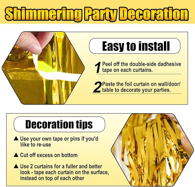 3 Pack Gold Foil Fringe Curtain Backdrop, 3.28Ft x 6.6Ft Metallic Tinsel Foil Fringe Streamer Curtains for Photo Booth, Christmas Day, Thanksgiving, Wedding, New Year Party Decorations
