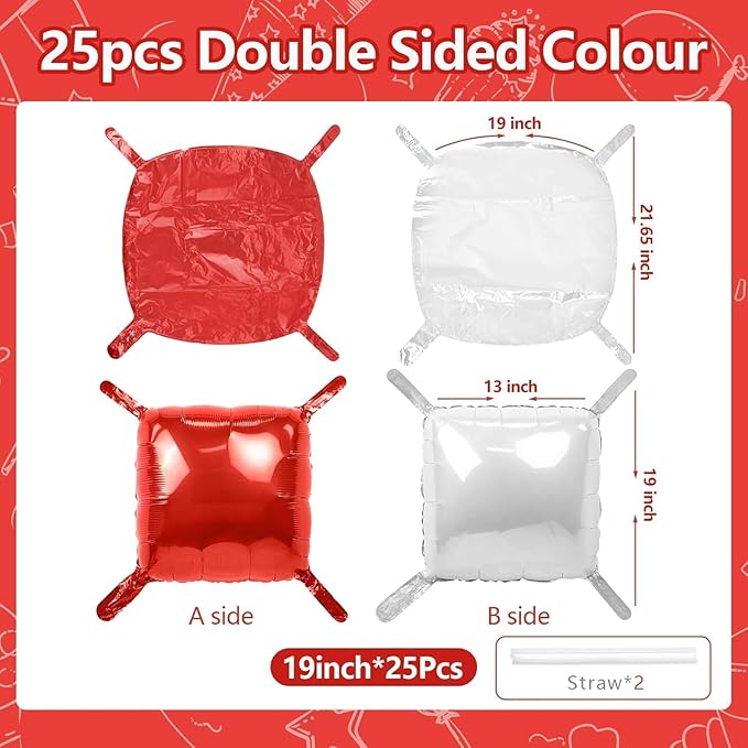 NISOCY 25PCS Red White Square Foil Balloons Wall Double Backdrop Sided Red Pearl White Balloon Tunnel Arch Kit for Christmas Birthday Valentine's Day Baby Shower Wedding Party Decorations
